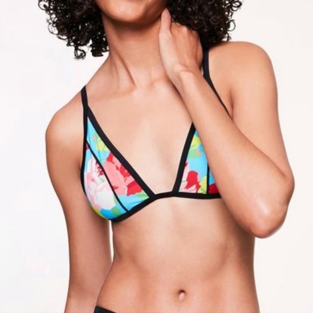 NWT Betsey Johnson Framed Flowers Bikini Top - Blue and Pink